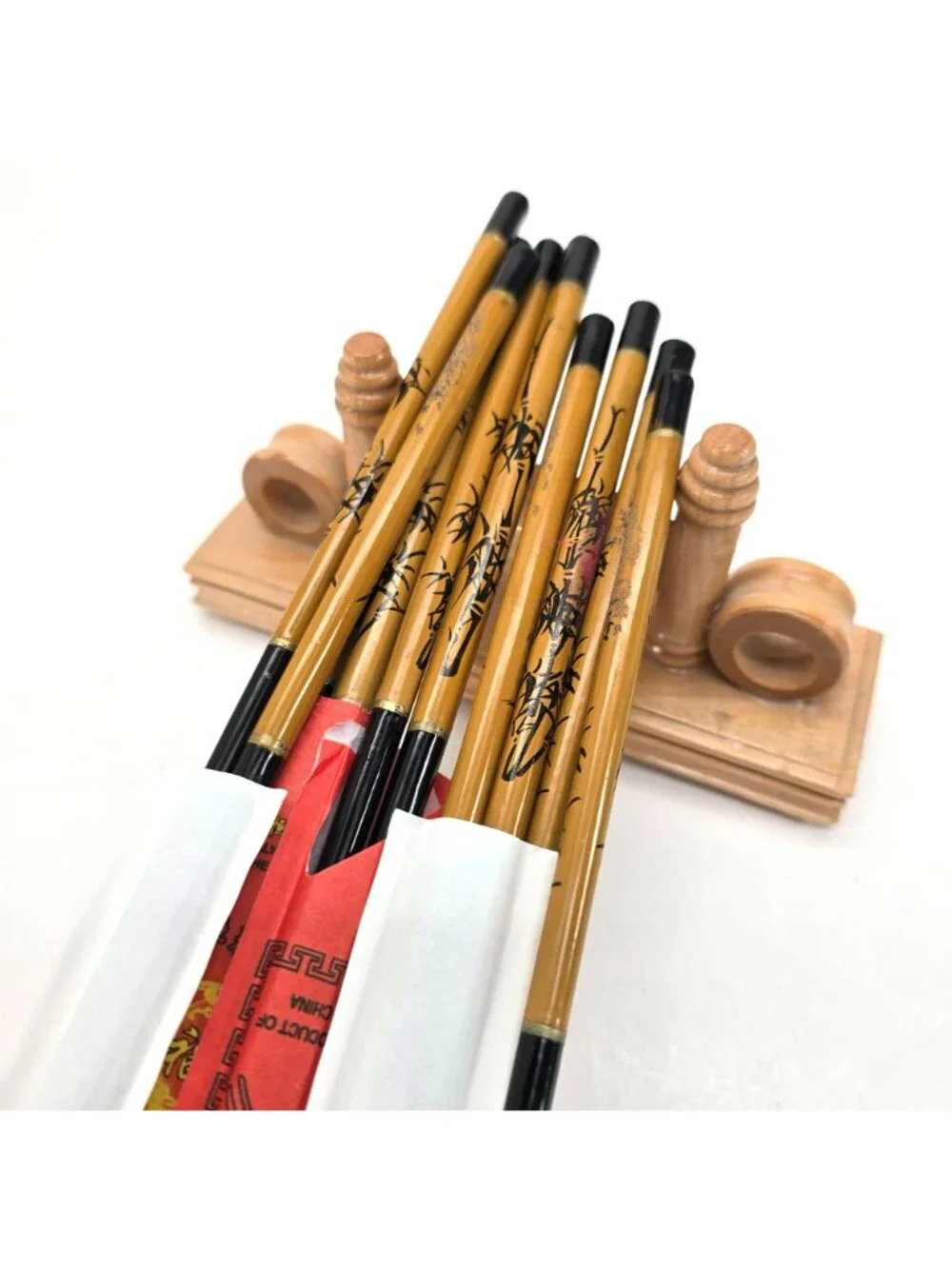 Vintage Bamboo Chopsticks With Wooden Rest Holder Set Of 5 je180